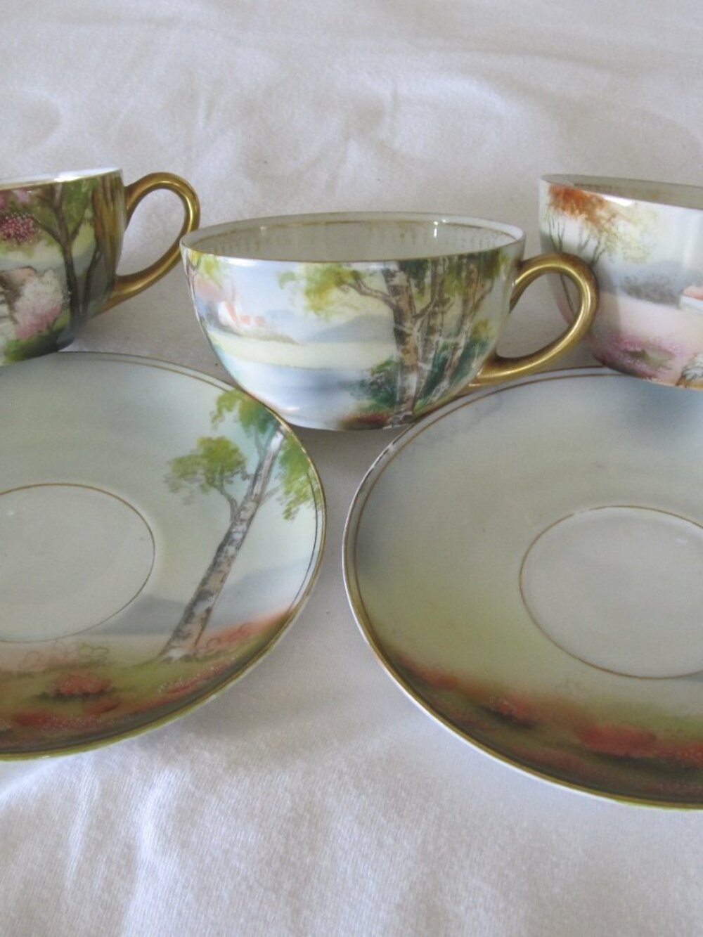 rare 1890's-1900's J&R Co. Germany set of (3) Hand pain Teacups w/ Saucers